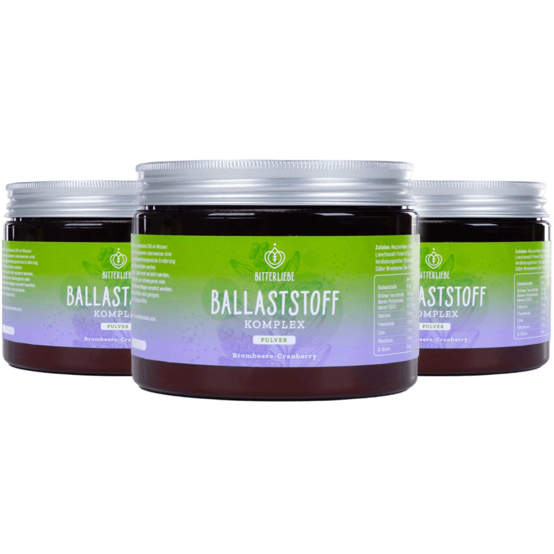 Drei Dosen BitterLiebe Ballaststoff Komplex mit grünem Etikett. Aufschrift: BALLASTSTOFF KOMPLEX. Deckel aus Metall.
