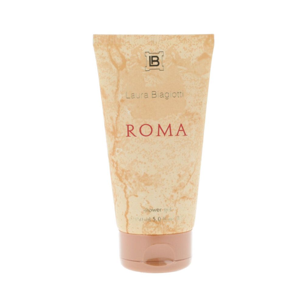 Beige Tube mit Laura Biagiotti Roma Duschgel. Brauner Deckel. Text: Roma, Duschgel, 150 ml.
