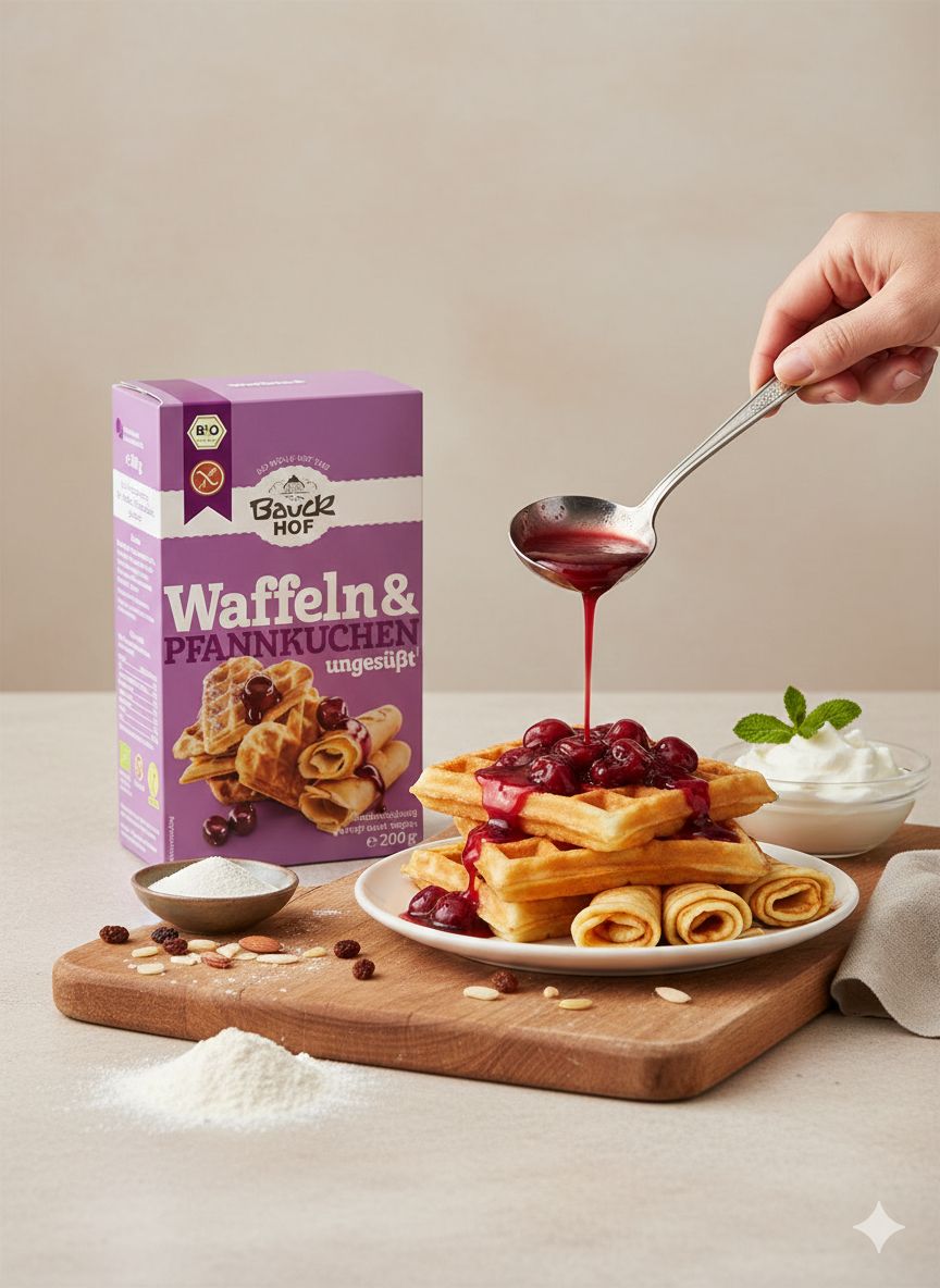 Fertigmischung für glutenfreie Waffeln und Pfannkuchen von Bauckhof, mit Kirschen und Puderzucker garniert.