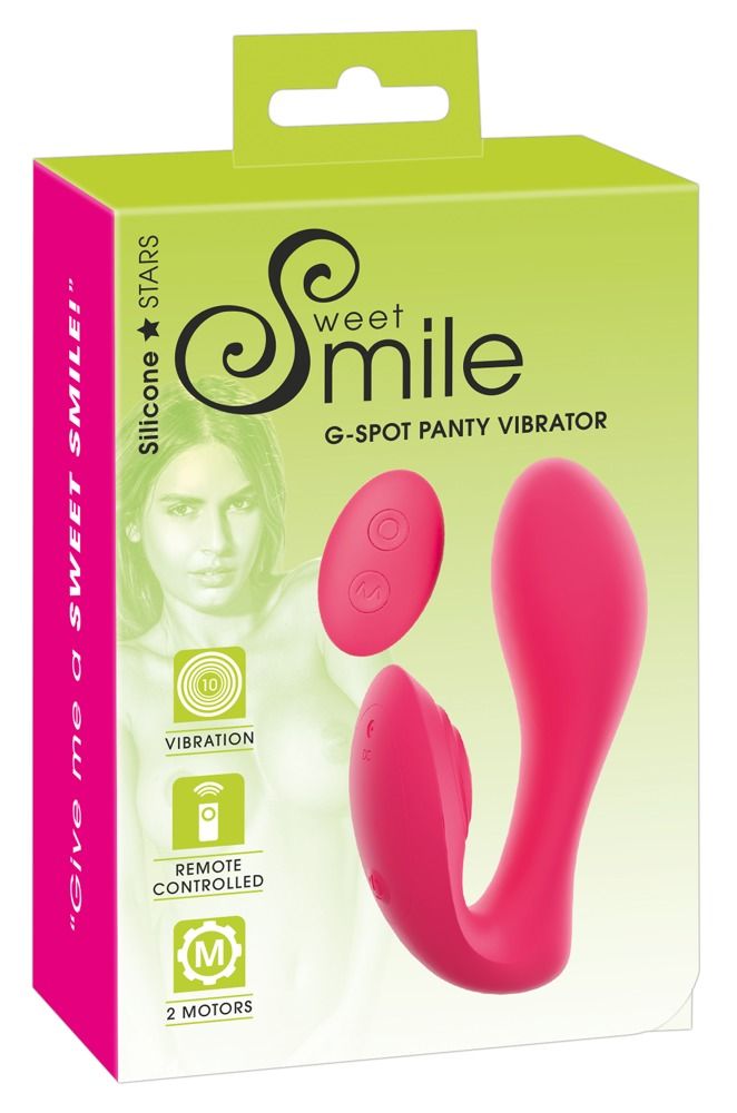 Verpackung mit rosa Vibrator und Fernbedienung. Text: Sweet Smile, G-Spot Panty Vibrator.