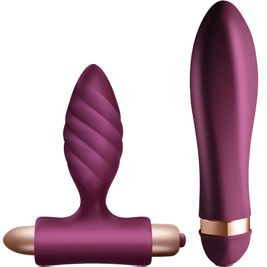 Zwei Vibratoren: Einer konisch, einer mit spiralförmigem Kopf. Lila und goldfarbene Akzente.