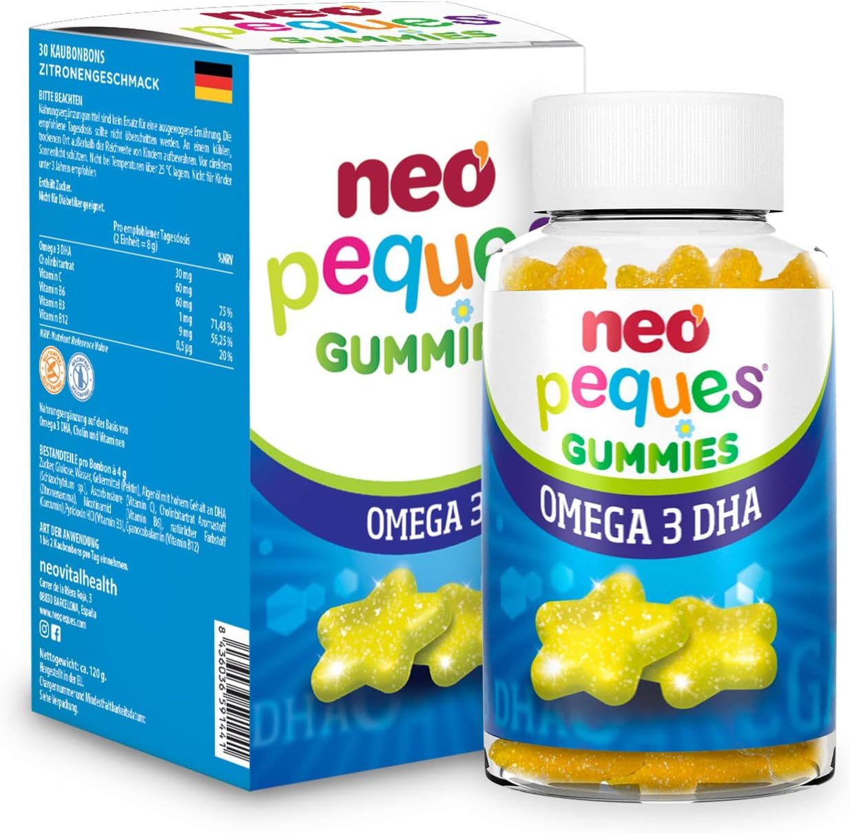 Verpackung und Flasche Neo Peques Omega 3 DHA Gummies, 30 Stück, Zitronengeschmack.