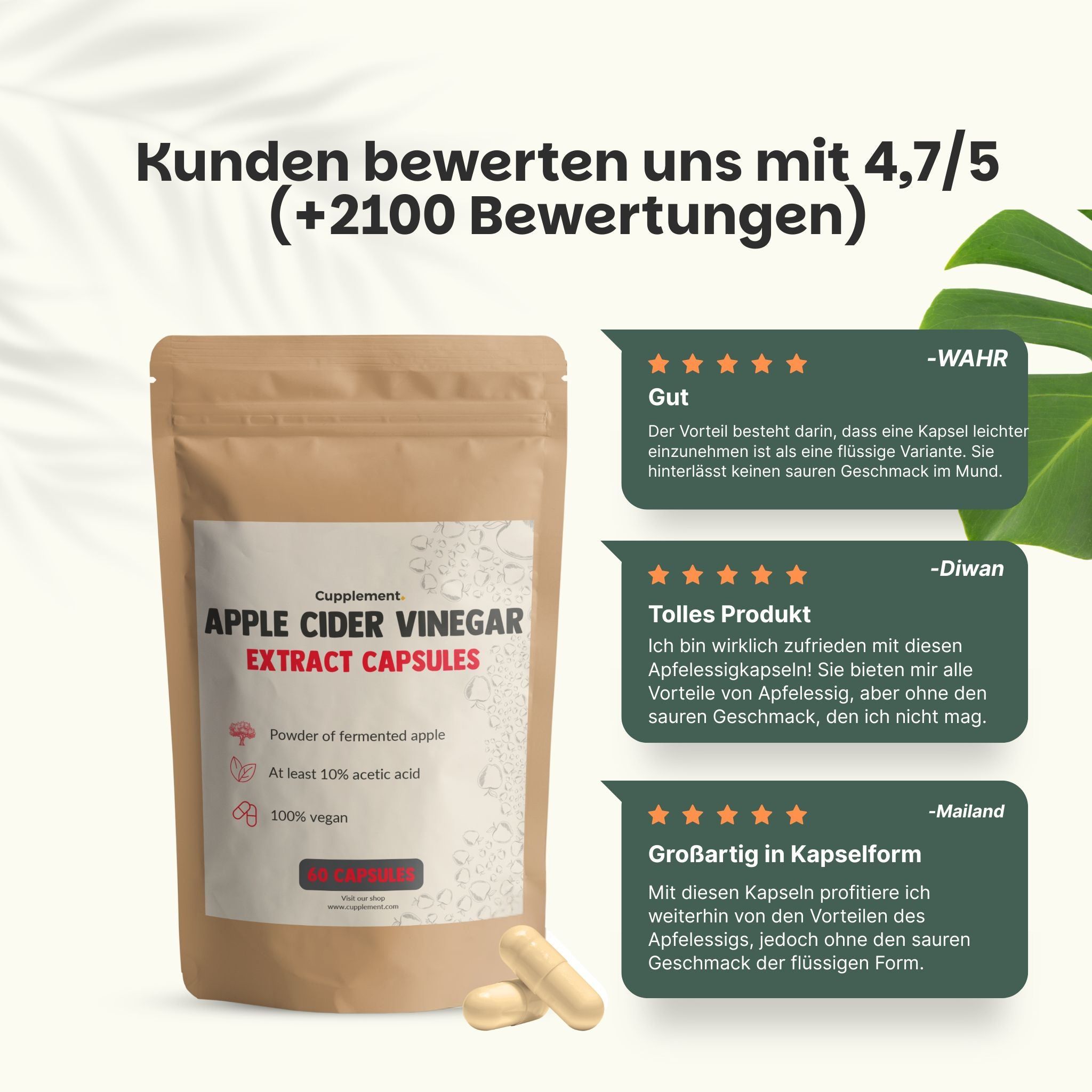 Beutel mit Kapseln. Text: Apple Cider Vinegar Extract Capsules. Fermentiertes Apfelpulver, 100% vegan.