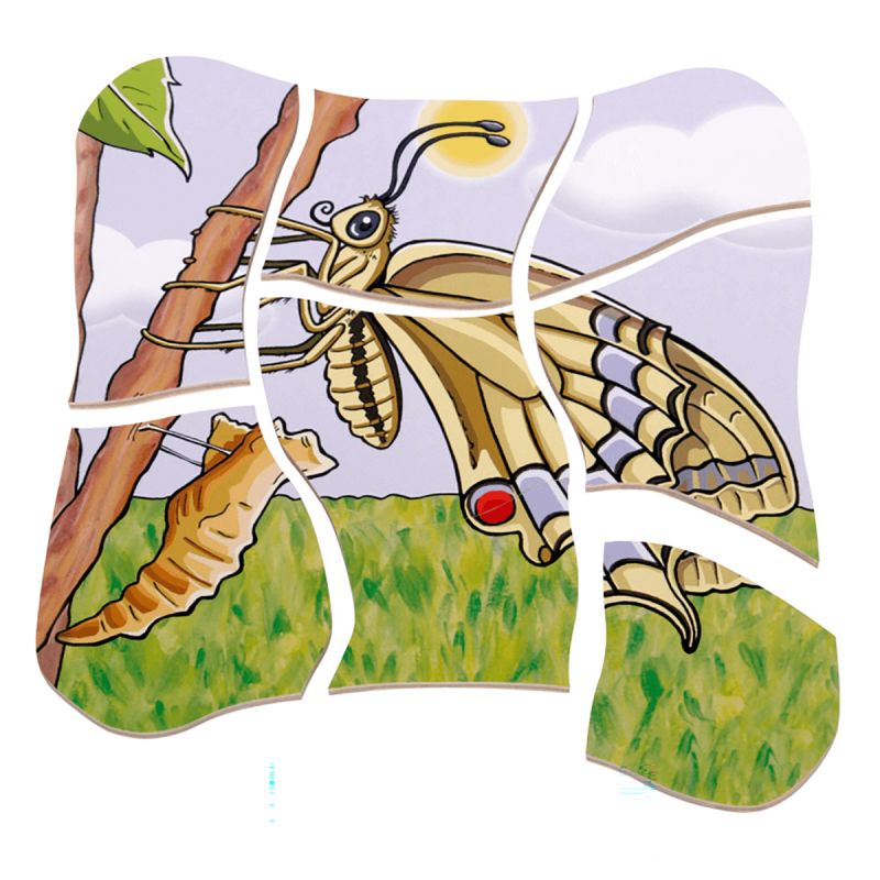 Puzzlespiel mit Schmetterling-Motiv. Holzrahmen, Raupe, Schmetterling, Ast, gelb, grün. Marke: Beleduc.