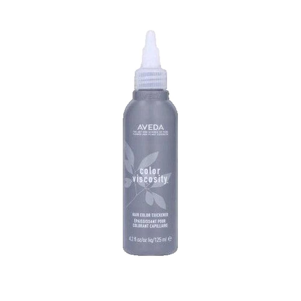 Graue Flasche mit weißem Applikator. Aufschrift: Aveda, color viscosity. Text: Hair color thickener. 125 ml.
