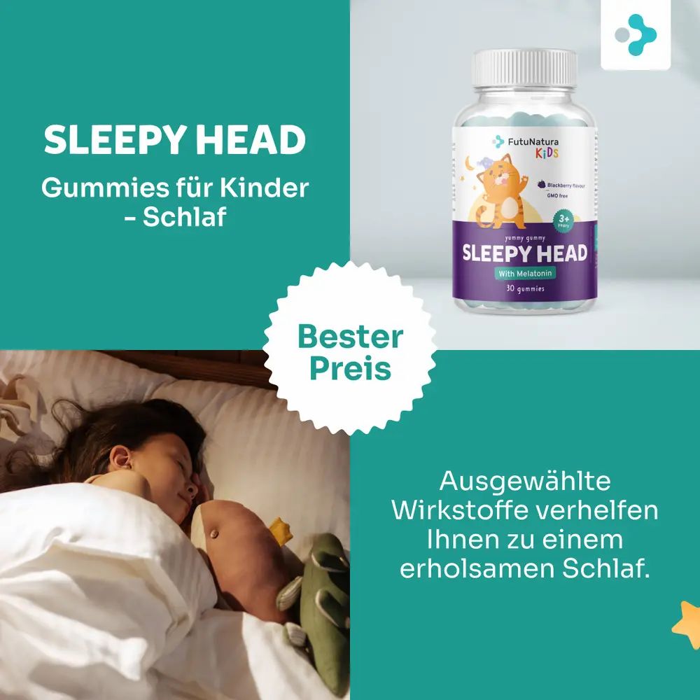Kind schläft im Bett. Daneben Produktflasche: SLEEPY HEAD, Melatonin. Text: Gummis für Kinder - Schlaf.