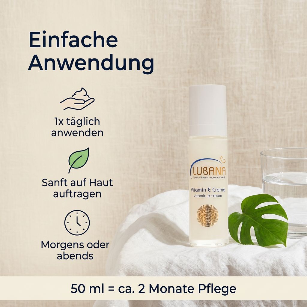Creme-Flakon neben Blatt und Glas. Text: Einfache Anwendung, 1x täglich, sanft auftragen.