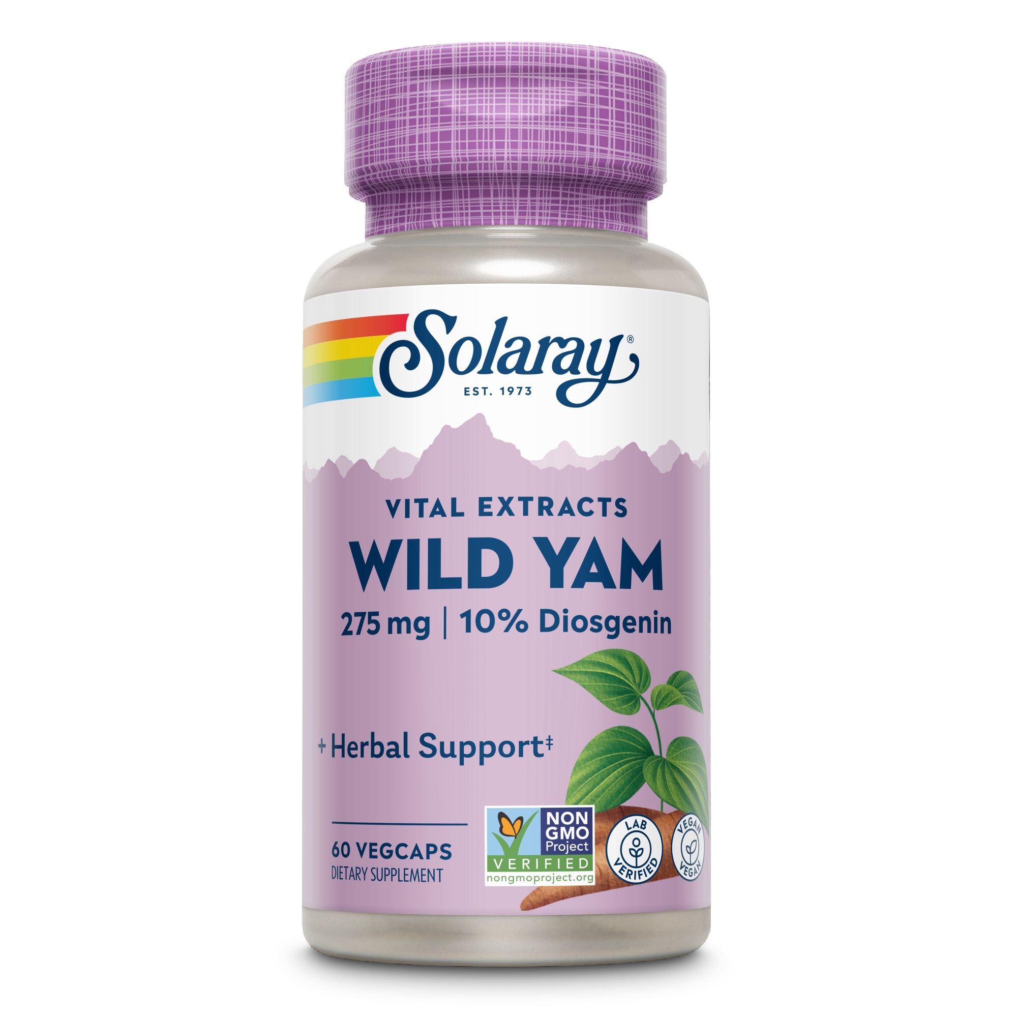 Solaray Wild Yam Wurzelextrakt-Flasche. Weißes Etikett, lila Deckel. 60 Vegicaps. Herbal Support. Non-GMO-Zertifizierung.