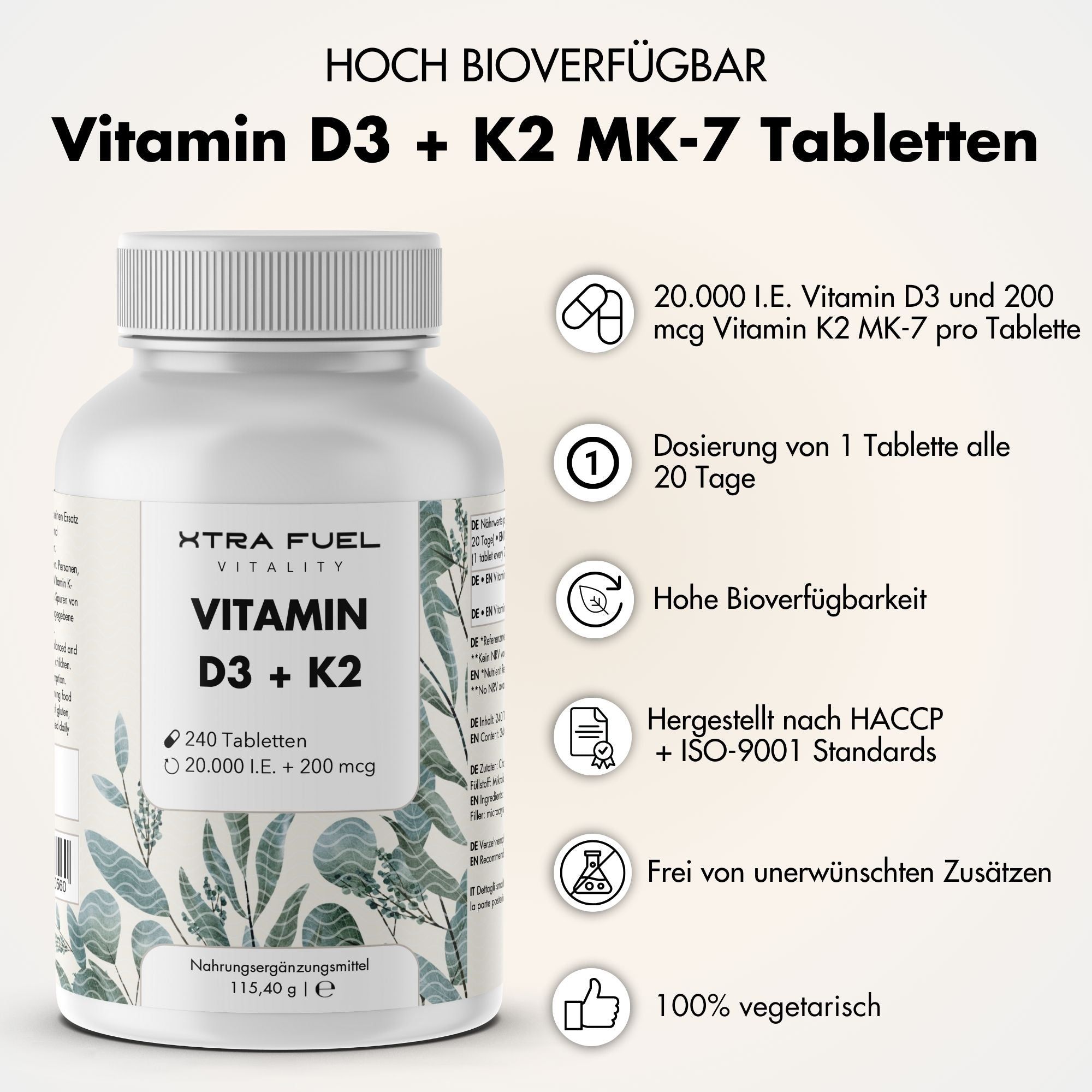 XTRA FUEL Vitamin D3 + K2 Tabletten: hochdosierte 20.000 I.E. + 200mcg MK-7