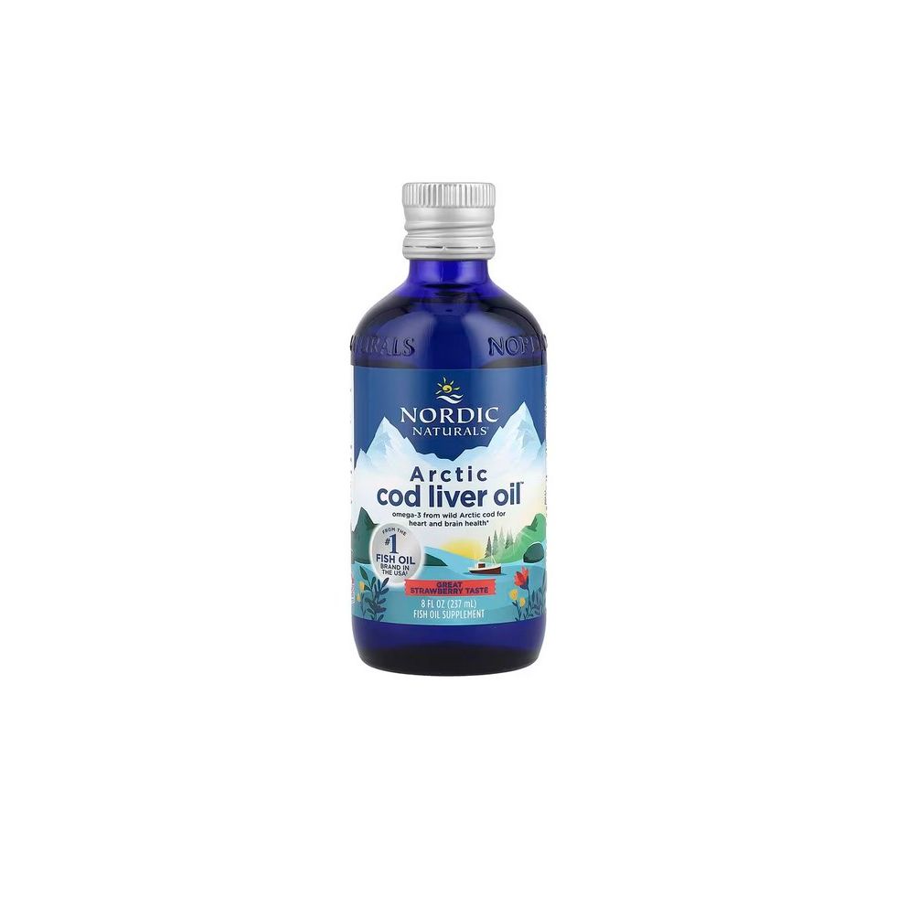 Blaue Glasflasche mit silbernem Verschluss, gefüllt mit flüssigem Lebertranöl. Etikett zeigt Berge und Meer.