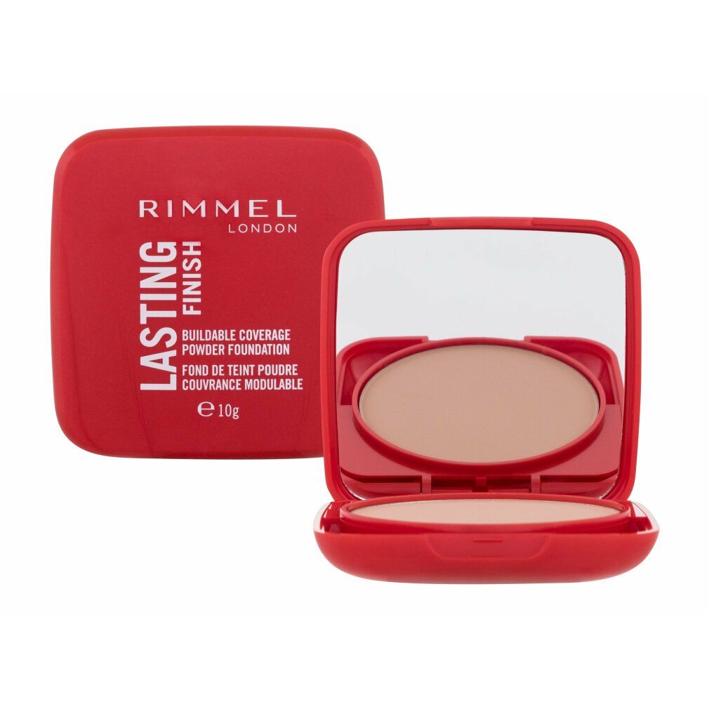 Rote Kompaktpuder-Verpackung und offene Kompaktpuder. Aufschrift: Rimmel London, Lasting Finish, 10g. Spiegel sichtbar.