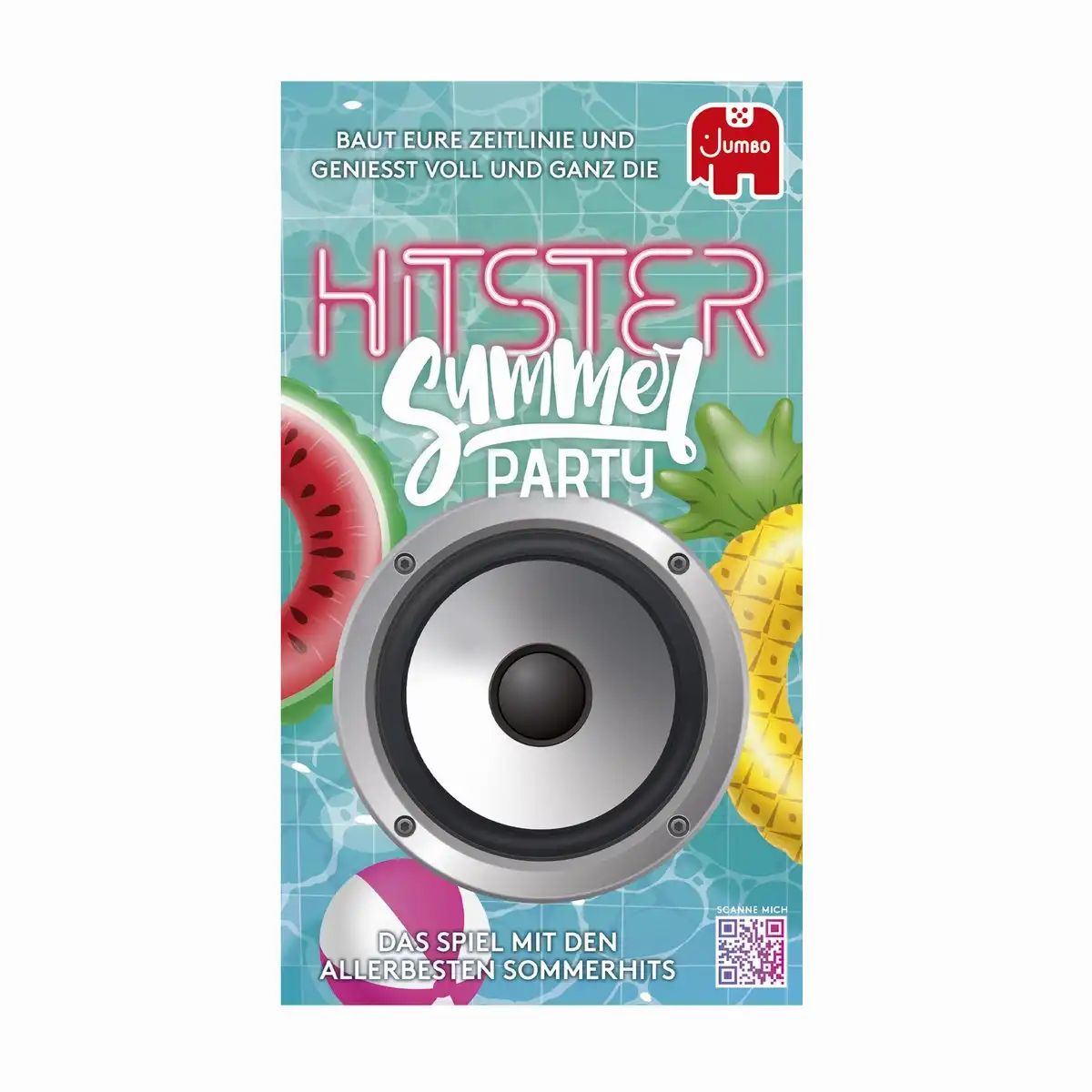 Plakat mit "Hitster Summer Party"-Logo, Wassermelone, Ananas und Lautsprecher-Design. Jumbo-Logo. Text: "Das Spiel mit den allerbesten Sommerhits".