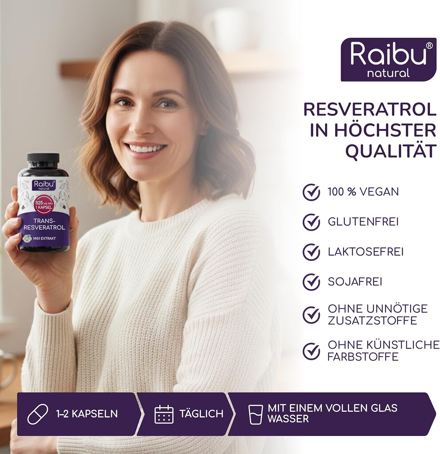 Frau mit Produktflasche. Text: Resveratrol in höchster Qualität. 100% vegan, glutenfrei, laktosefrei.