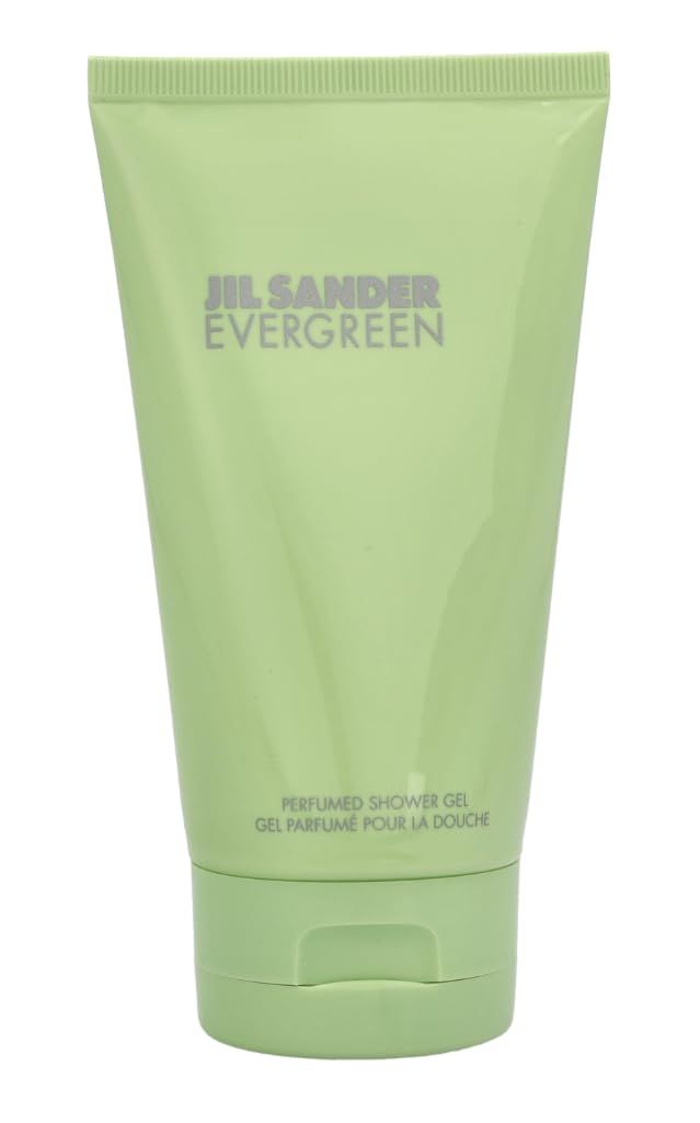 Hellgrüne Tube mit Aufschrift Jil Sander Evergreen. Text: Perfumed Shower Gel. Flasche mit Klappverschluss.