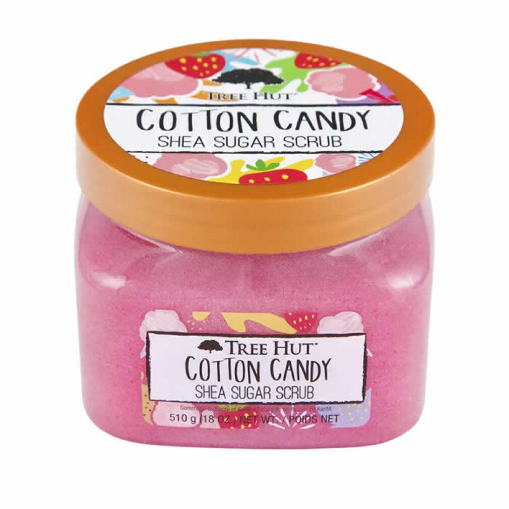 Rosa Tiegel mit Deckel. Aufschrift: Cotton Candy Shea Sugar Scrub. Marke: Tree Hut. Etikett mit Inhaltsangabe.