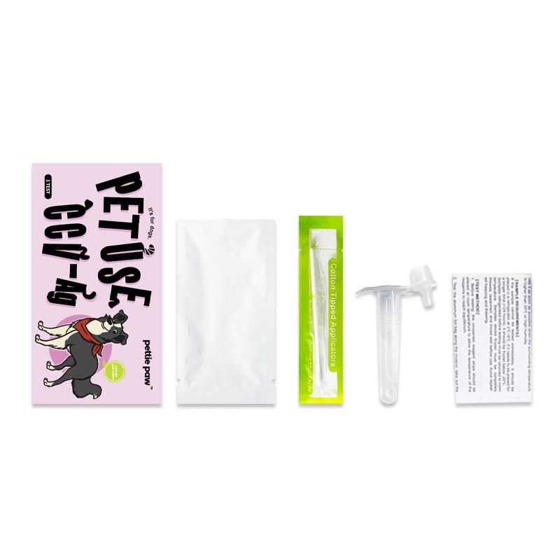 Rosa Verpackung mit Text PETUSE CCV-Ag. Beutel, Tupfer, Probenröhrchen und Beipackzettel. Hund-Illustration.