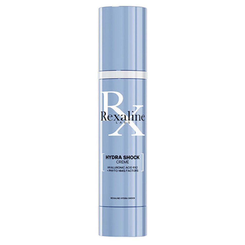 Hellblaue Creme-Flasche mit weißem Schriftzug. Aufschrift: Rexaline, Hydra Shock Creme, Hyaluronsäure, Phyto NMF Factors.