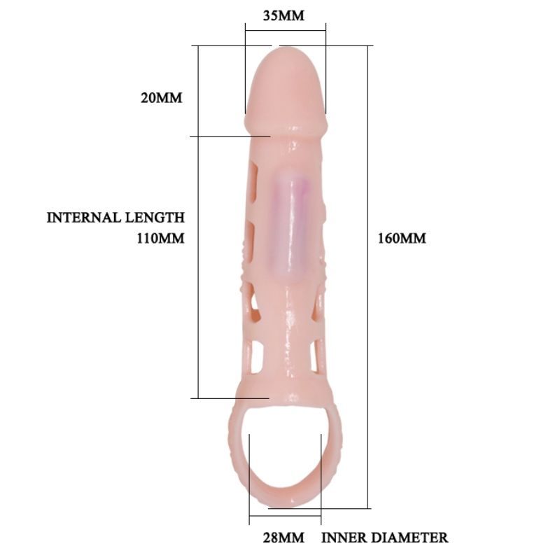 Rosa Penis-Extender-Cover mit rechteckigen Öffnungen. Mit einem Gurt am unteren Ende. Mit Maßangaben.