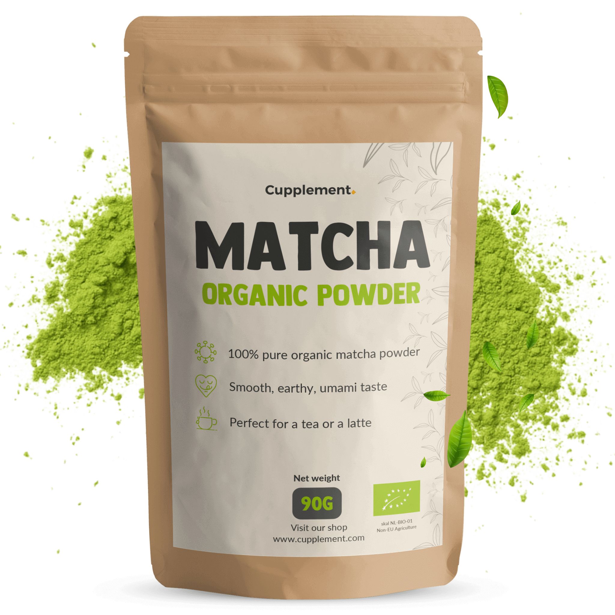 Beutel mit Matcha-Pulver. Aufschrift: Matcha Organic Powder. 90g. Bio-Siegel.