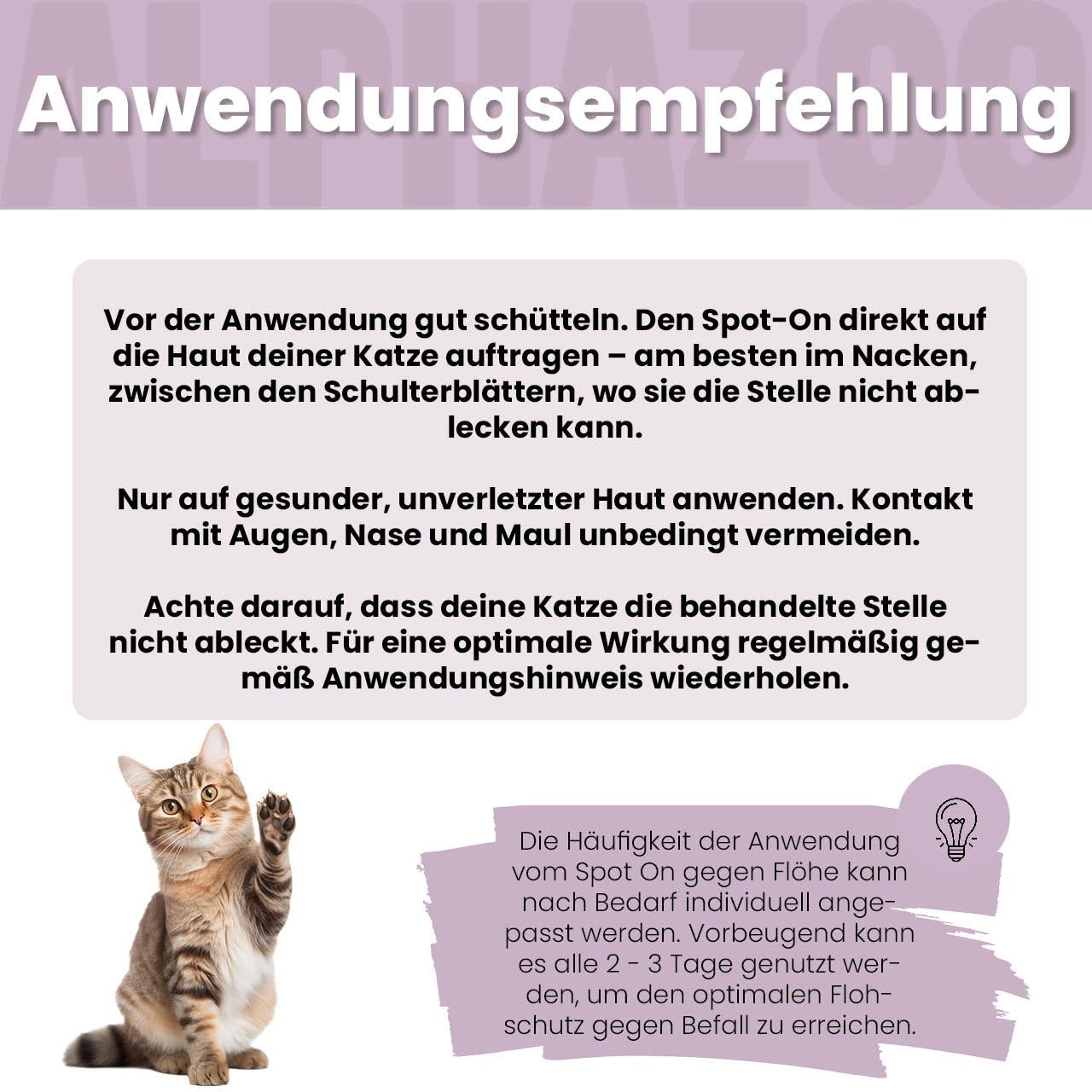 Katze hebt Pfote. Text: Anwendungsempfehlung. Vor Gebrauch schütteln. Auf Nacken auftragen.