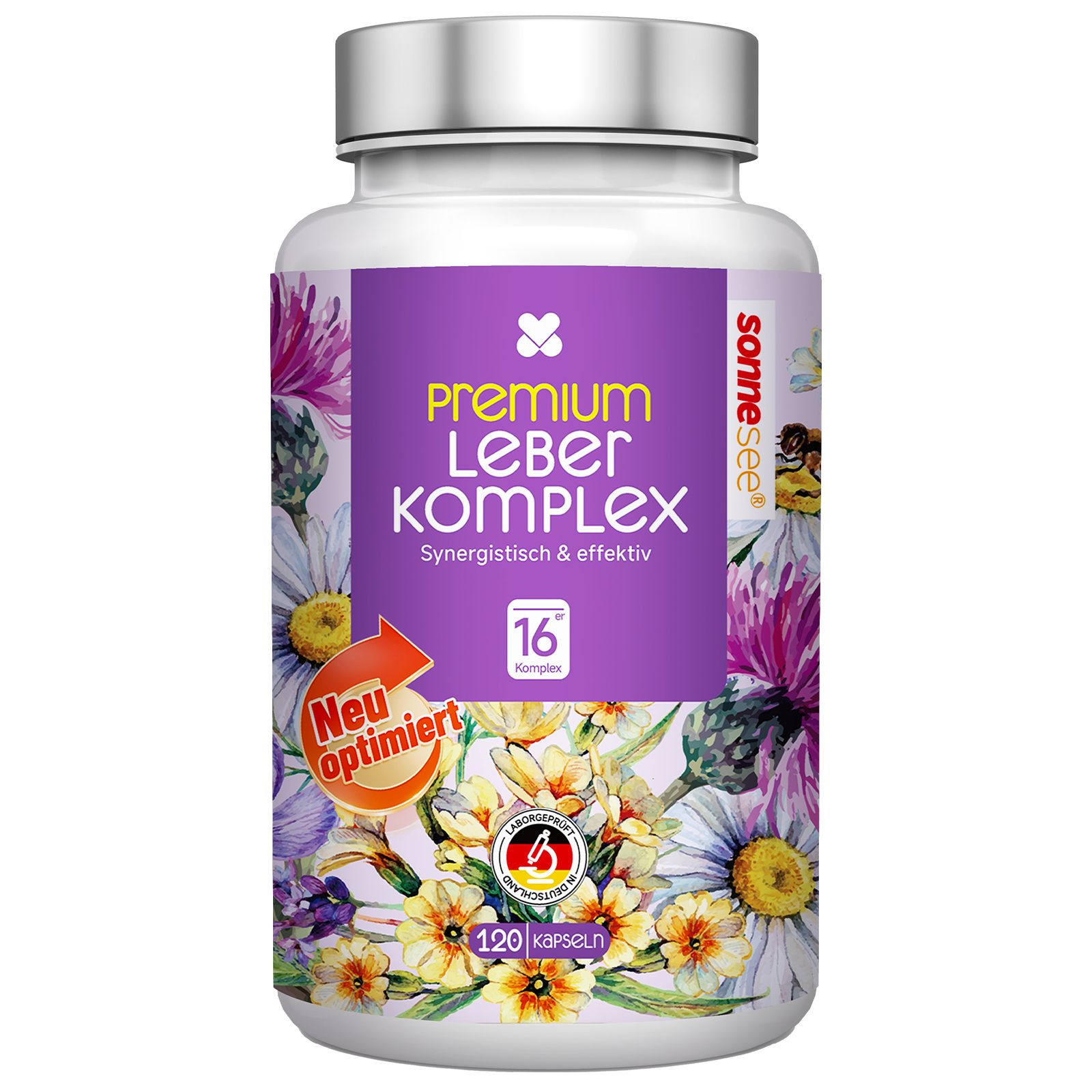 Sonnenklee Premium Leber Komplex Kapselbehälter mit floralem Design und Produktinformationen.