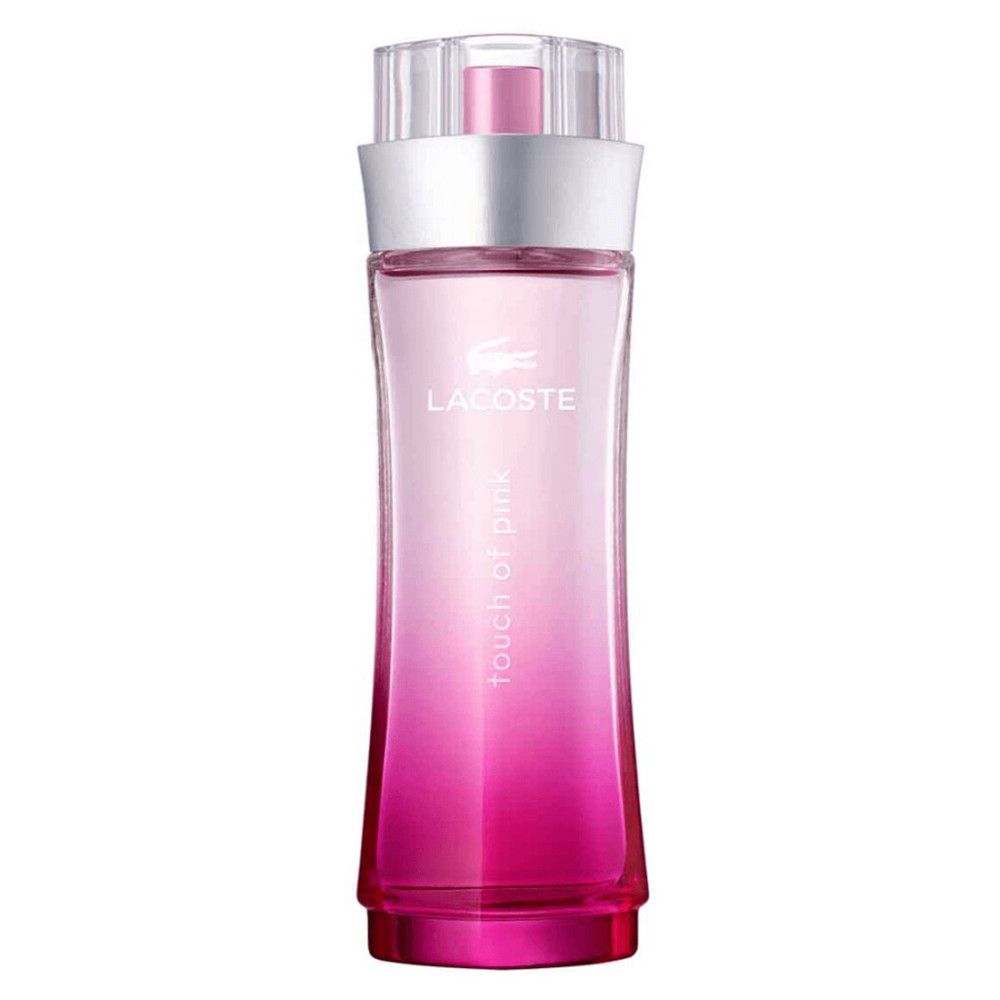 Rosa Flakon mit silbernem Deckel. Lacoste-Logo und Schriftzug "Touch of Pink".