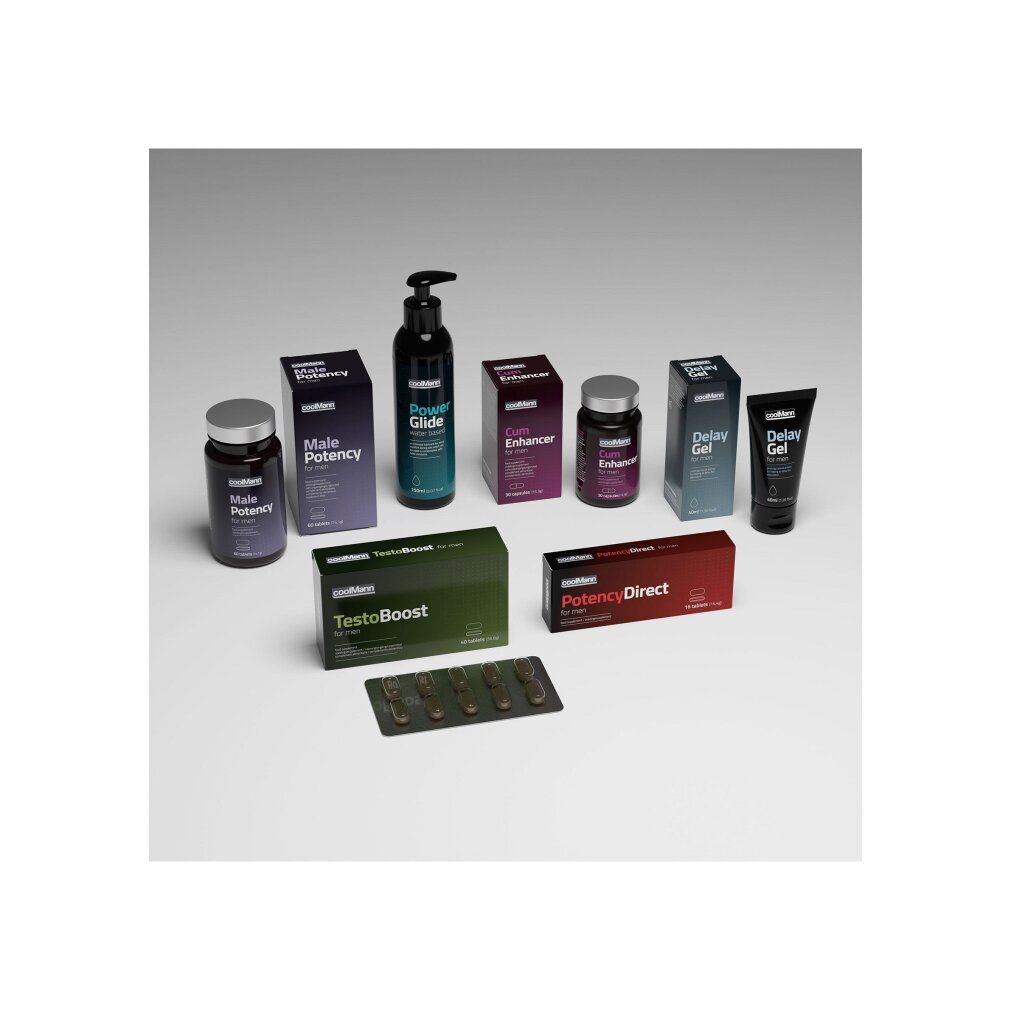 Verschiedene Produkte in Verpackungen und Flaschen. Einige Produkte tragen die Aufschrift "Male Potency", "Power Glide", "Delay Gel".