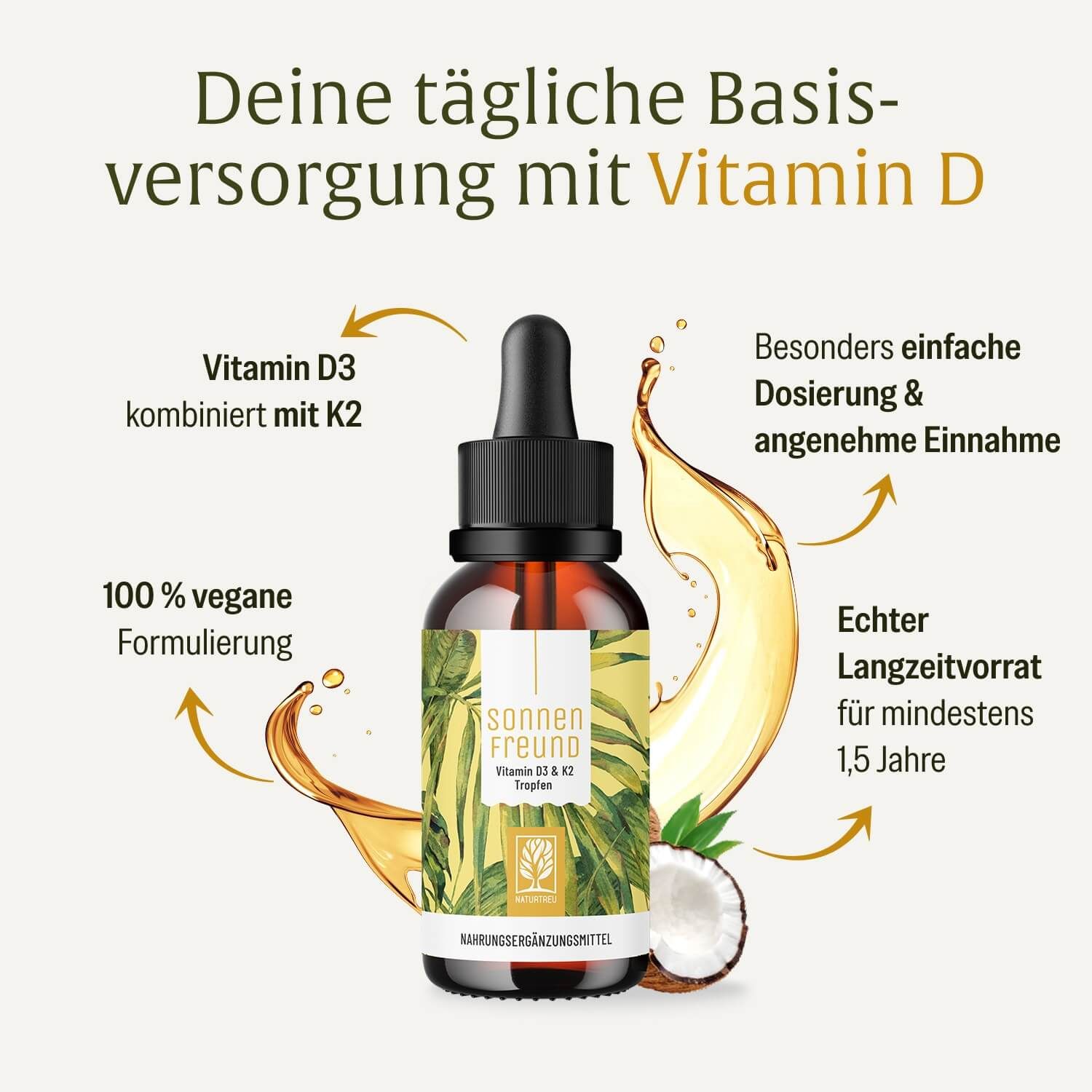 Flasche mit Pipette, umgeben von Ölspritzern und Kokosnuss. "Sonnenfreund Vitamin D3 & K2 Tropfen".