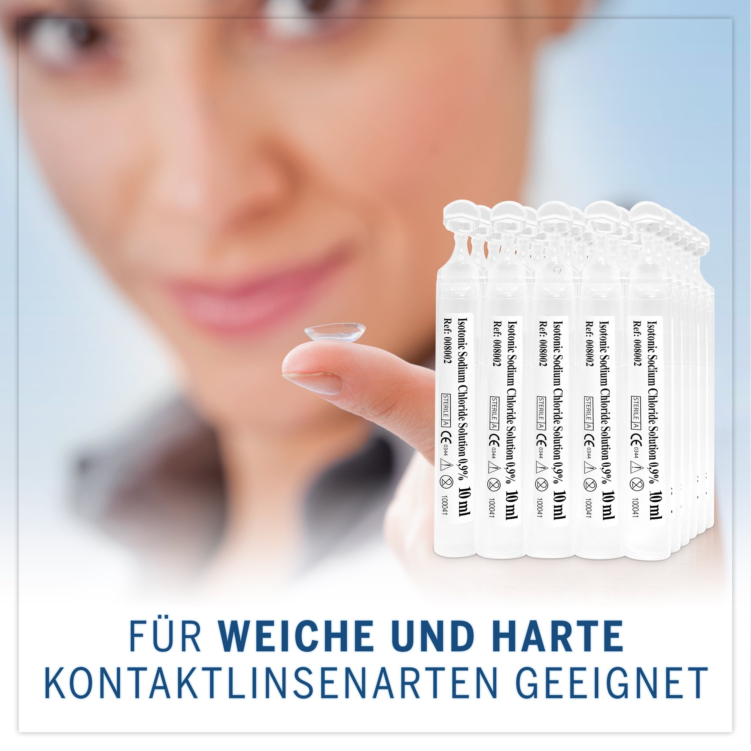 Mehrere Ampullen mit isotonischer Natriumchloridlösung. Eine Person hält eine Kontaktlinse. Geeignet für weiche und harte Kontaktlinsen.