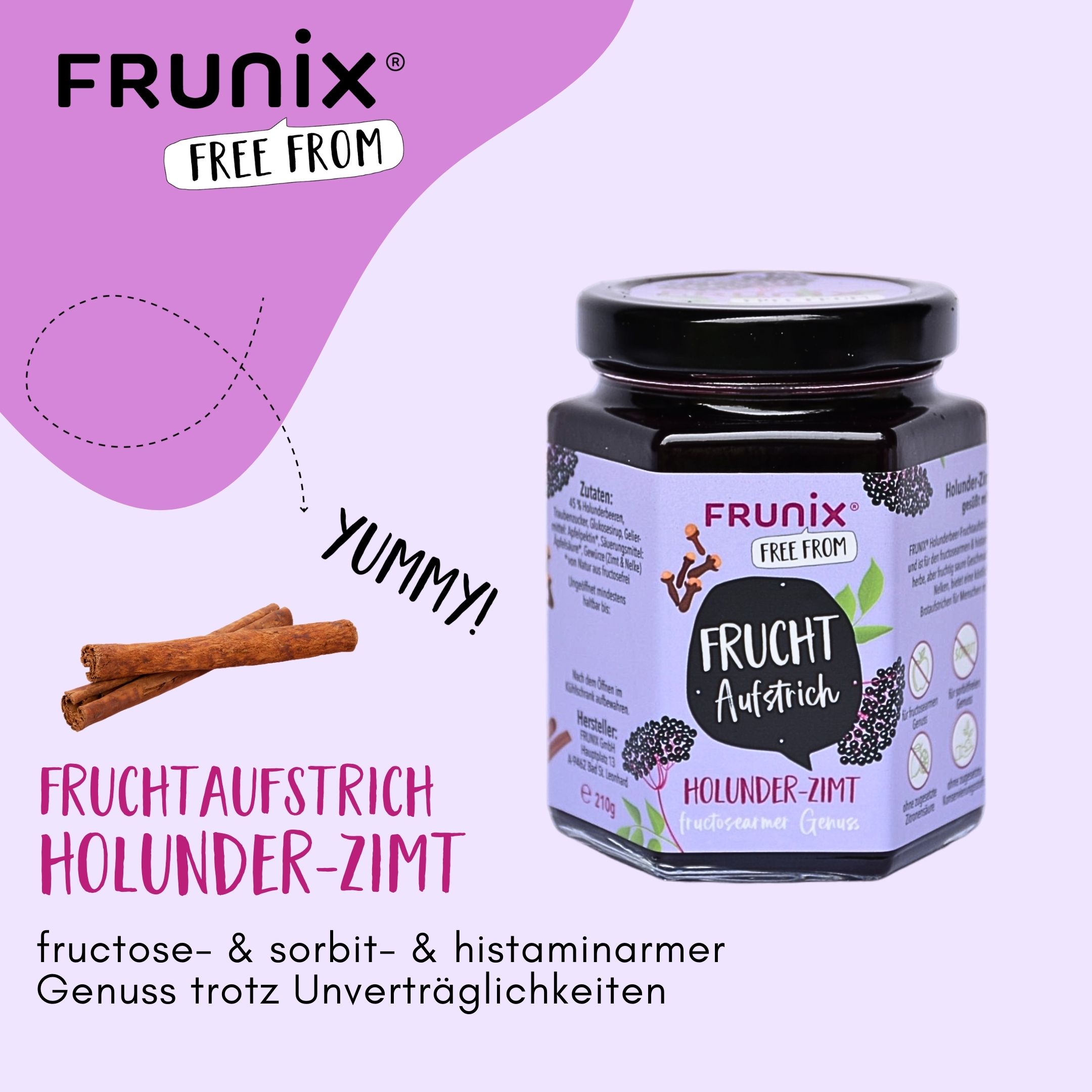 Glas mit FRUNIX® Holunder-Zimt Fruchtaufstrich. Aufschrift: fructose- & sorbit- & histaminarmer Genuss trotz Unverträglichkeiten. Zimtstangen.