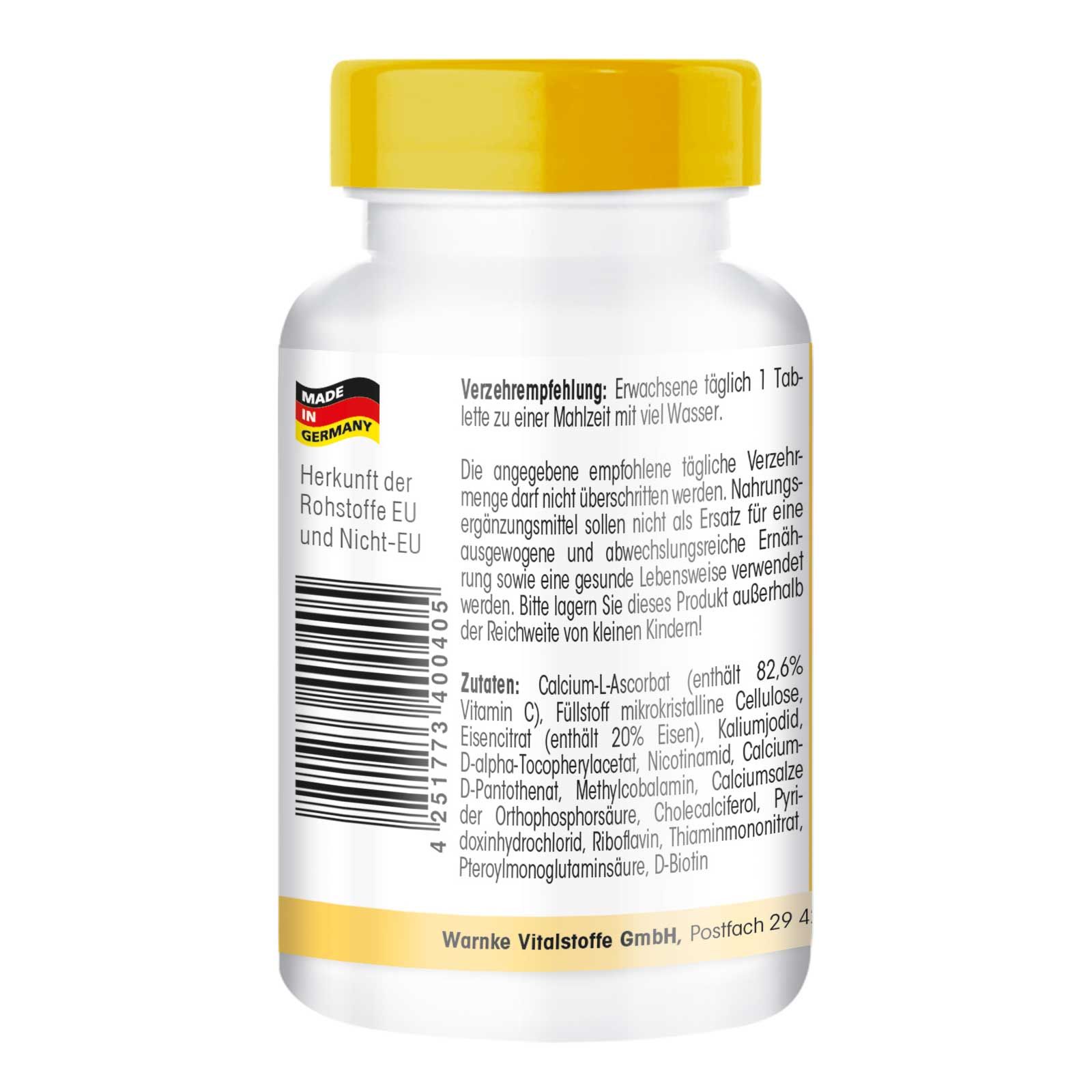 Rückseite der Pillenflasche. Text: Verzehrempfehlung, Zutaten, Herkunft Rohstoffe EU und Nicht-EU. Mit 'Made in Germany' Label.