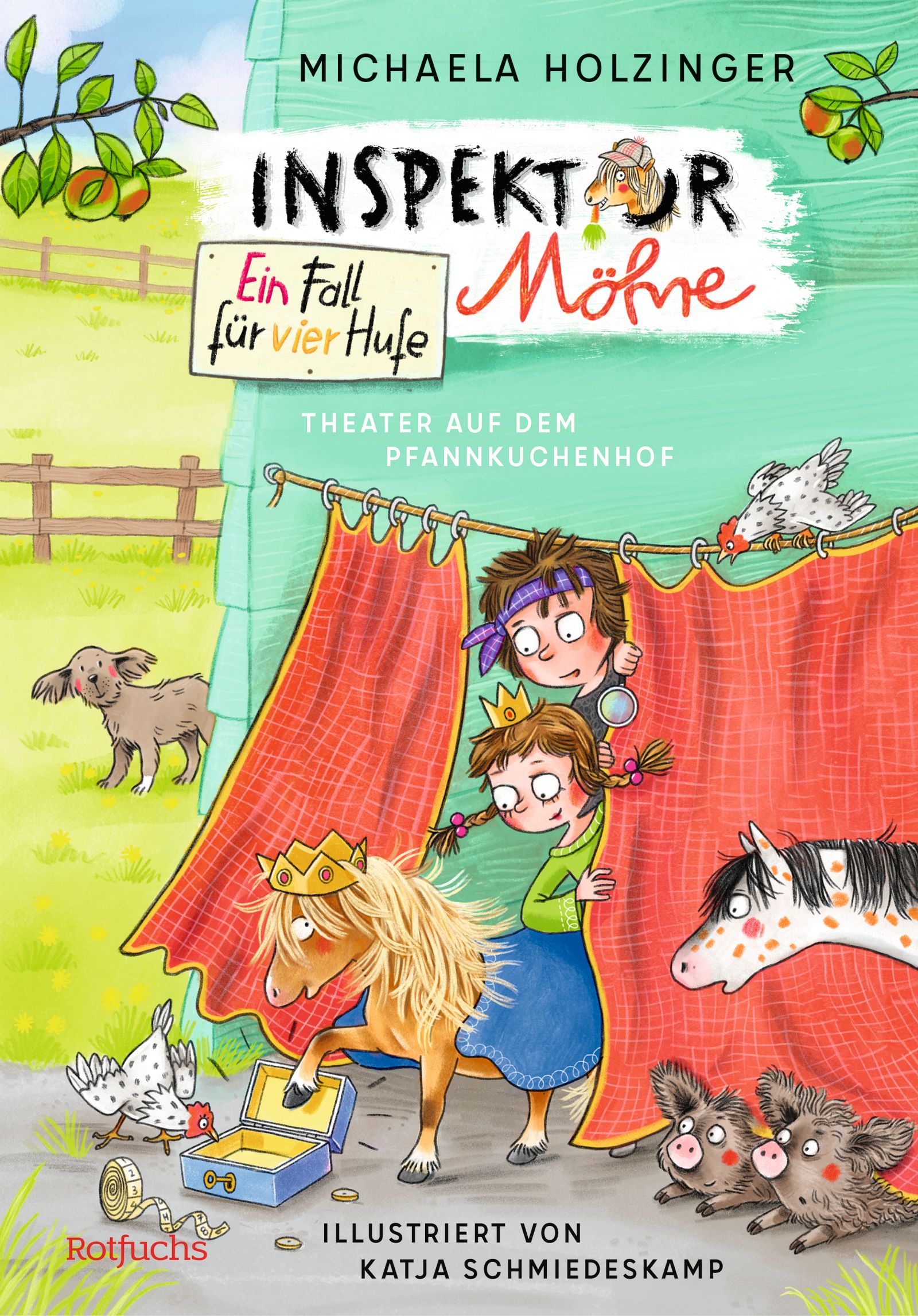 Buchcover: Inspektor Möhre - Ein Fall für vier Hufe. Illustration mit Pony, Kindern, Tieren und Zelt. Titel und Autor.