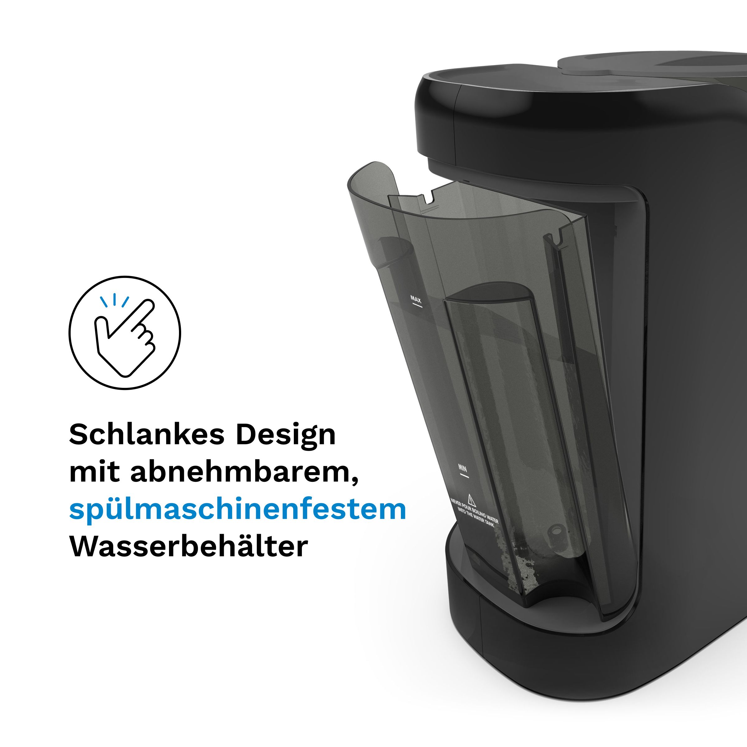 Baby Brezza Formula Pro Advanced: Schlankes Design mit abnehmbarem, spülmaschinenfestem Wasserbehälter.