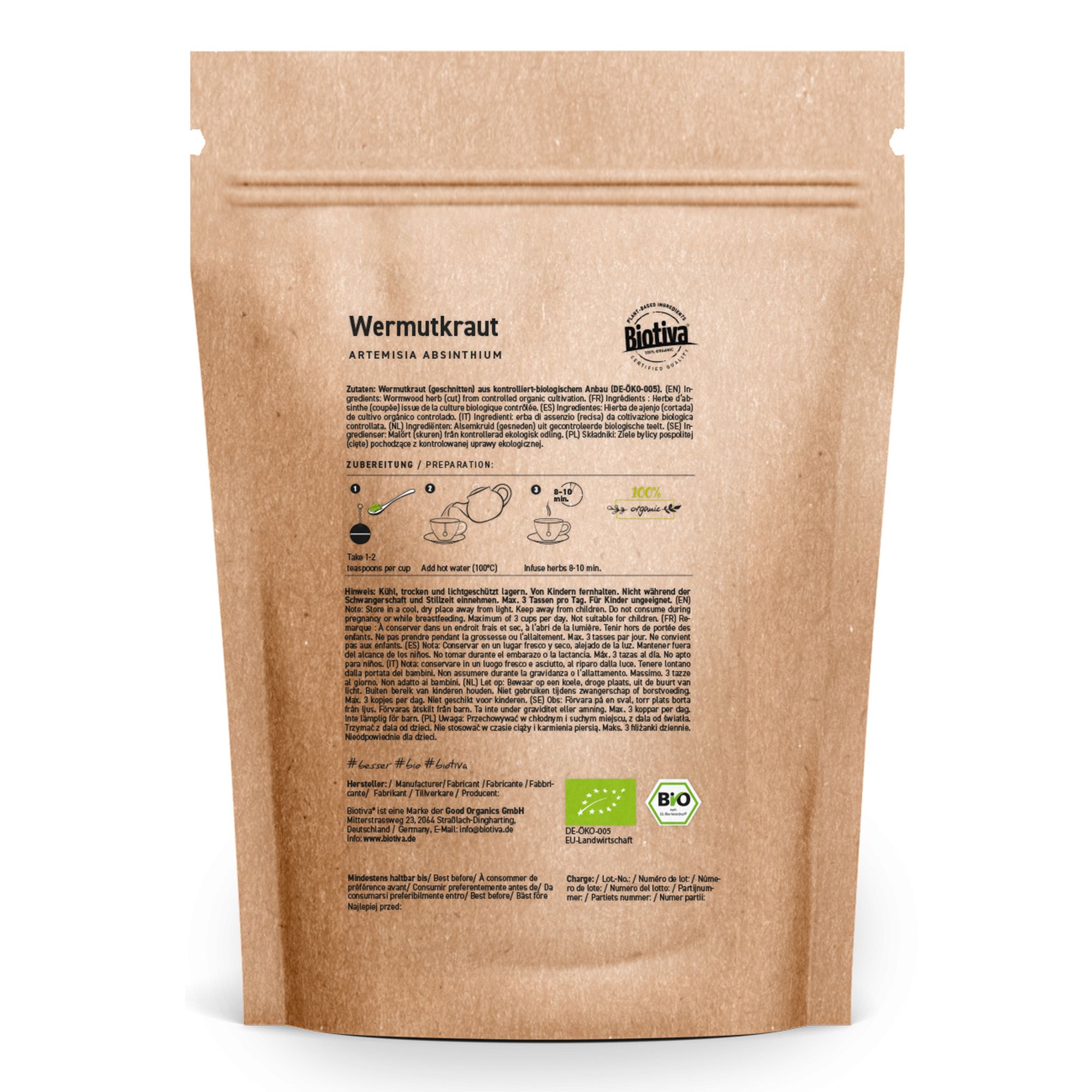 Braune Papierverpackung mit Aufdruck. Text: Wermutkraut, Biotiva, Bio-Siegel. Rückseite mit Text und Illustrationen.