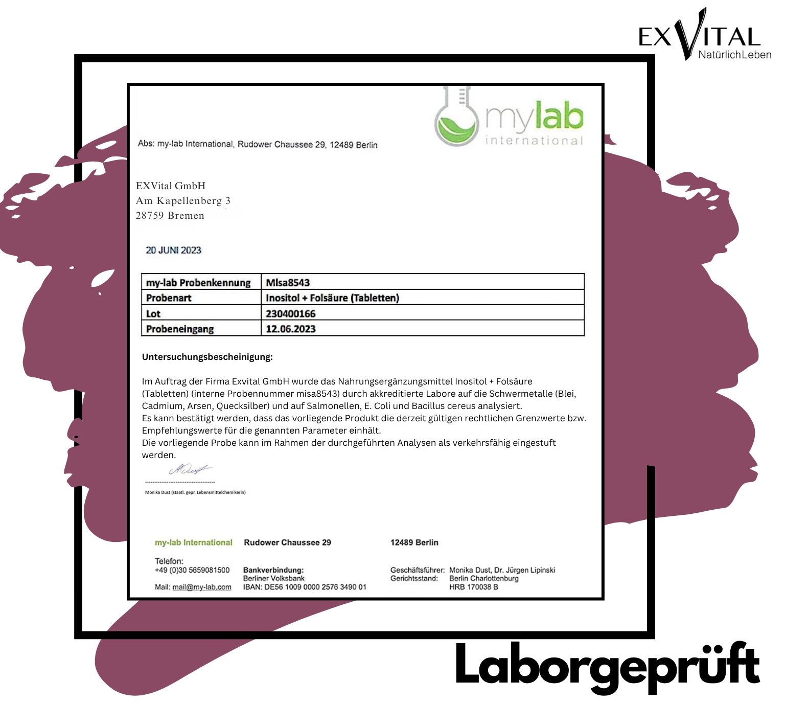Laborbericht. mylab International. Probenname: Inositol + Folsäure (Tabletten). Laborgeprüft. EXVital Logo.