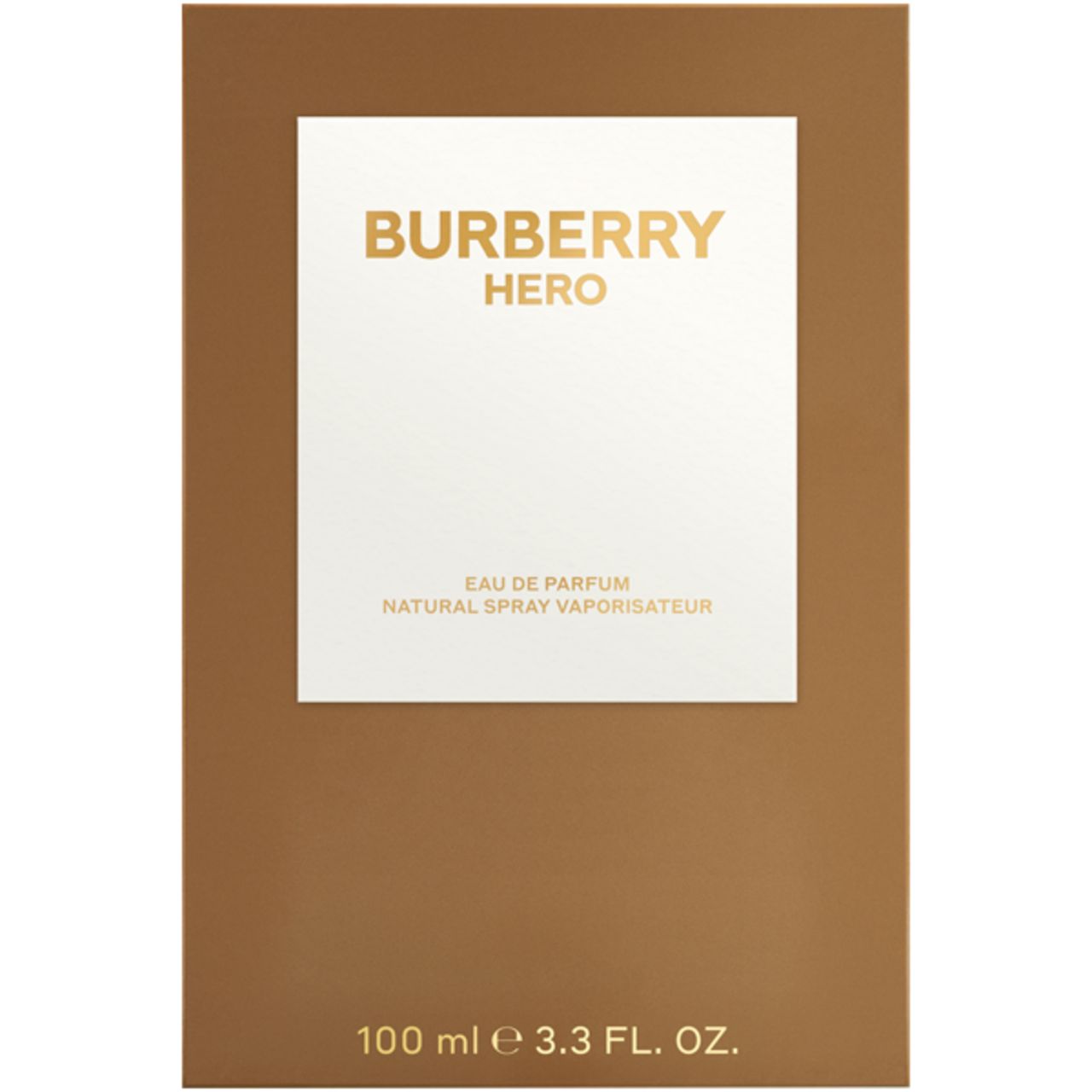 Burberry Hero E.d.P. Nat. Spray. Rechteckige Verpackung, braun. Weißes Feld mit goldenem Schriftzug. 100 ml.