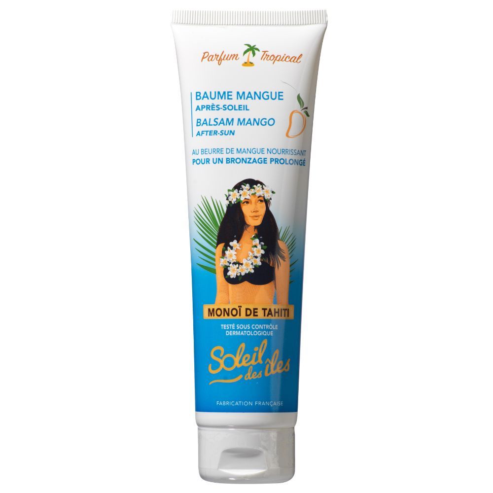 Tube mit Produktaufdruck. Text: Après-Soleil Balsam Mango, Soleil des îles. Abbildung einer Frau mit Blumenkranz.