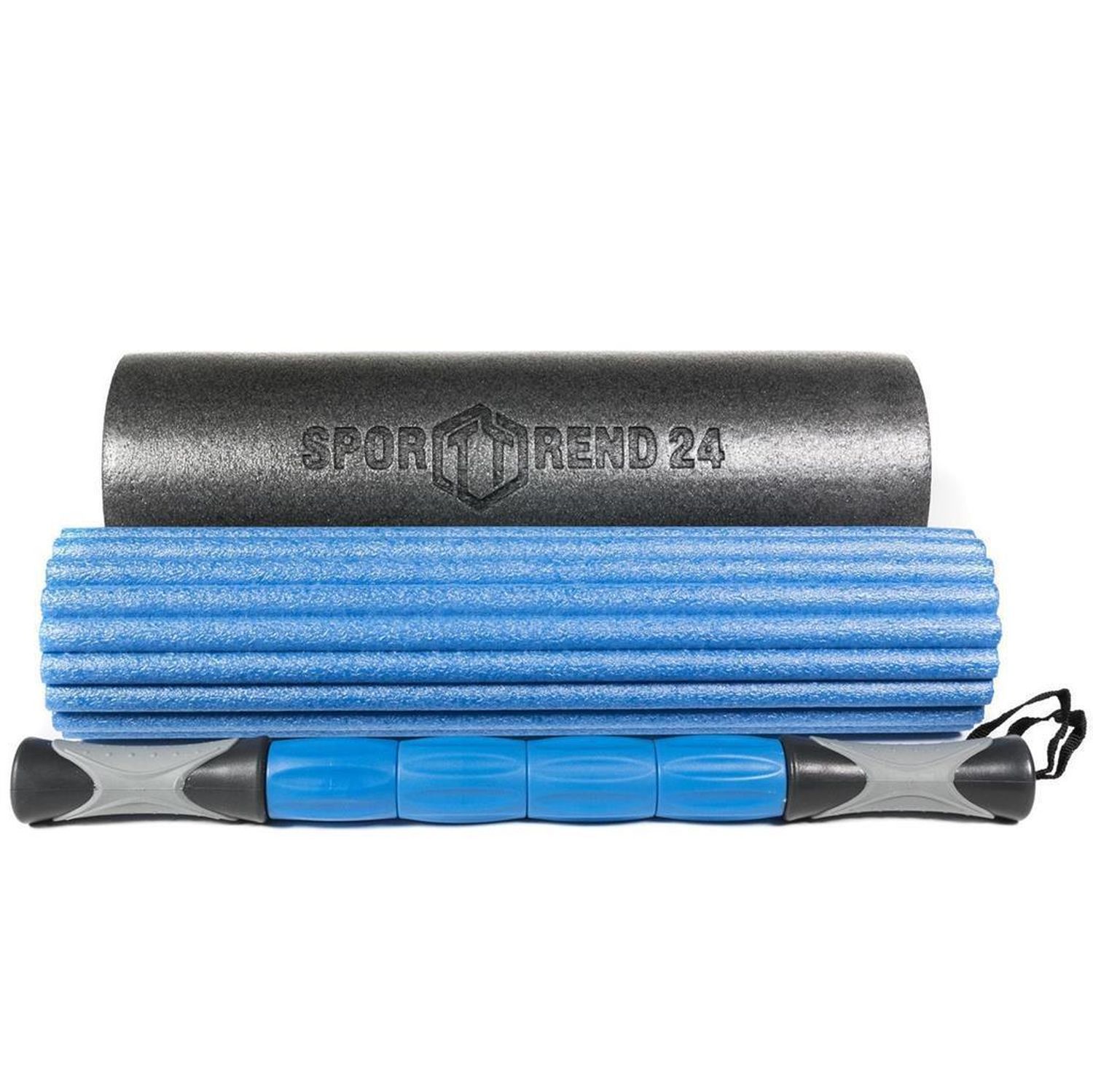 Graue Faszienrolle, blaue geriffelte Rolle und blaue Massagestange. Alle Produkte sind von Sporttrend 24.