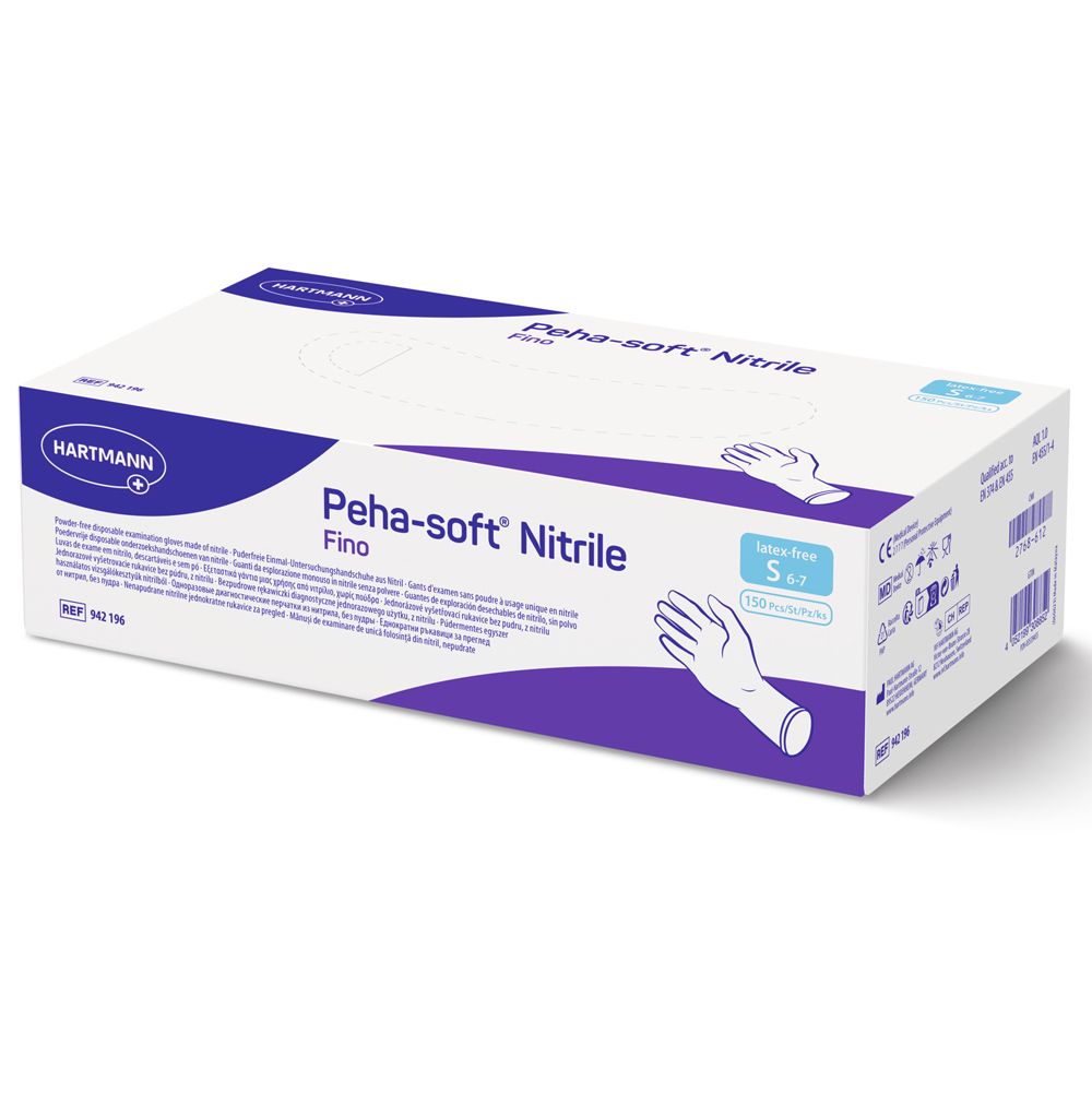 Verpackung Peha-soft Nitril Fino Untersuchungshandschuhe, puderfrei, 150 Stück, Größe S.