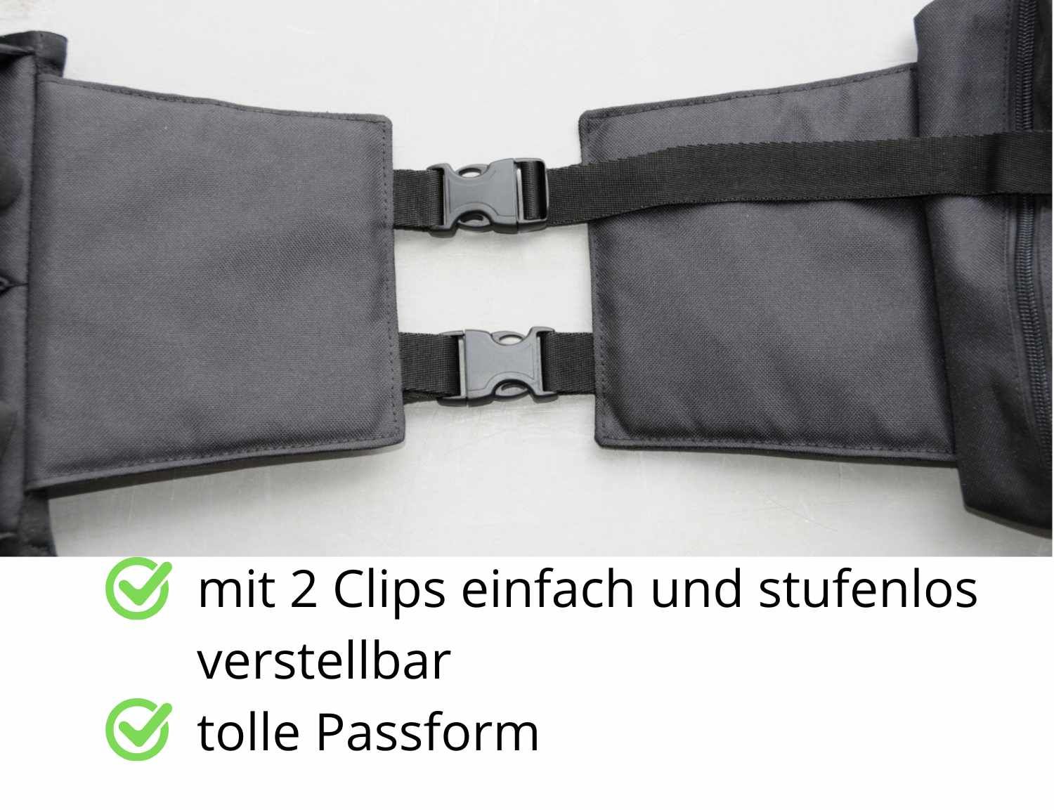 Detailansicht der Satteltasche mit zwei Clips. Einfach und stufenlos verstellbar.