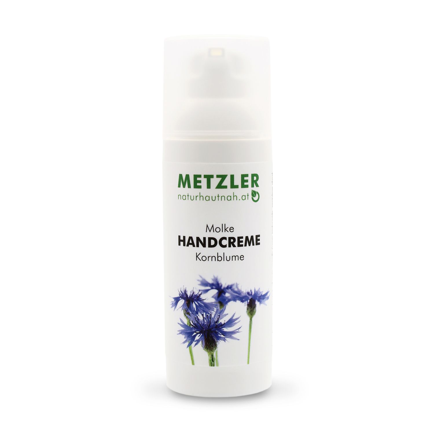 Weiße Handcreme-Flasche mit Pumpverschluss. Aufschrift: METZLER, Molke Handcreme Kornblume. Abbildung von blauen Kornblumen.