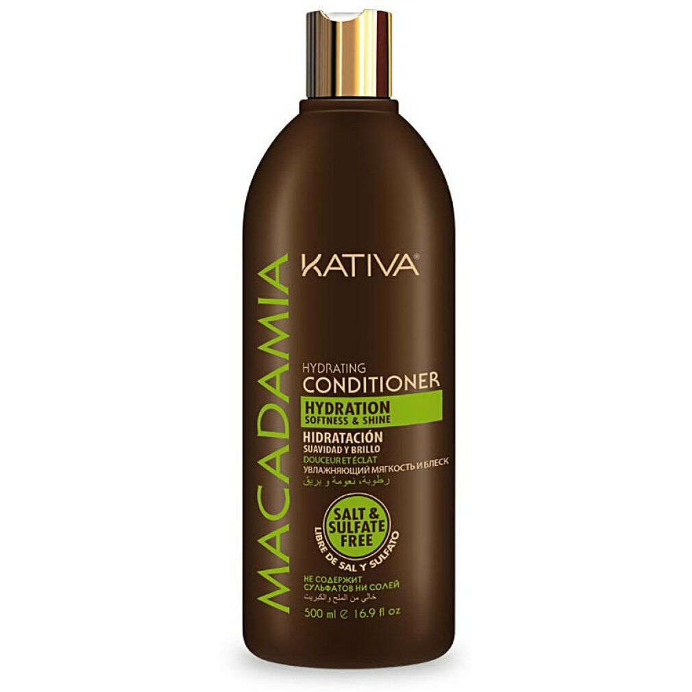 Braune Flasche mit Kativa Macadamia Conditioner. Text: Hydrating Conditioner, Hydration, Softness & Shine, Salt & Sulfate Free.