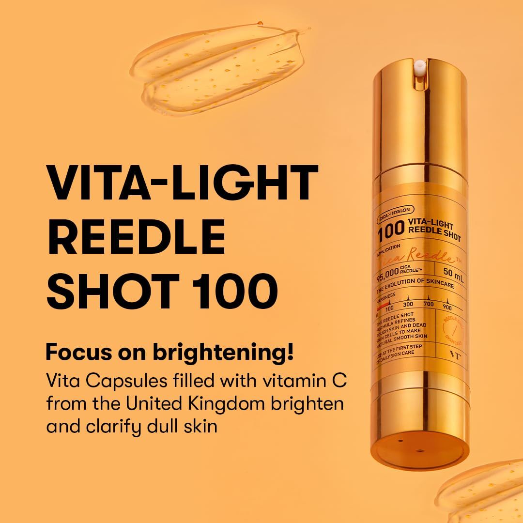 Goldene Flasche mit VT Cosmetics Vita-Light Reedle Shot 100, Fokus auf Aufhellung.