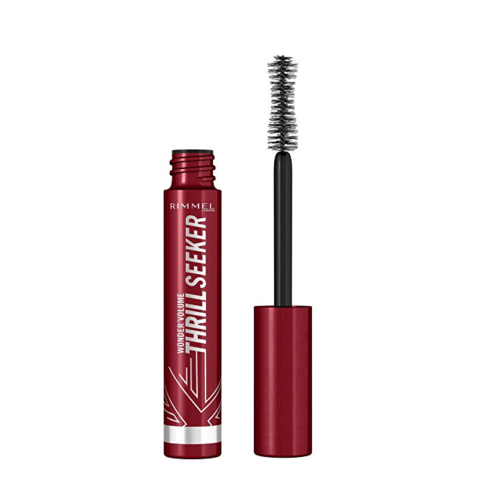 Rimmel London Mascara. Rote Hülse. Aufschrift: Wonder Volume Thrill Seeker Extreme Black. Bürste sichtbar.