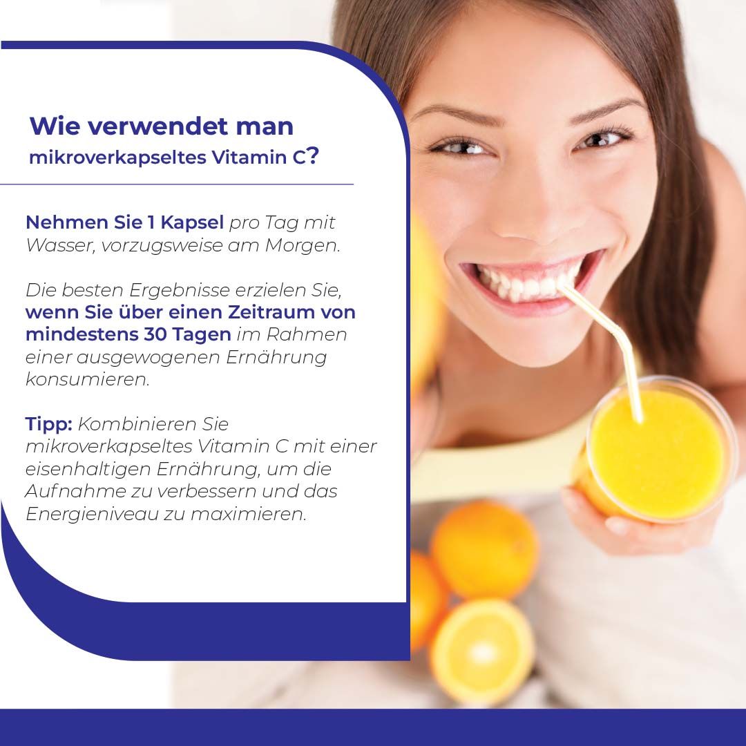 Biostile C Vitamin: Frau trinkt Saft, Infografik erklärt Anwendung von Mikroverkapseltem Vitamin C.