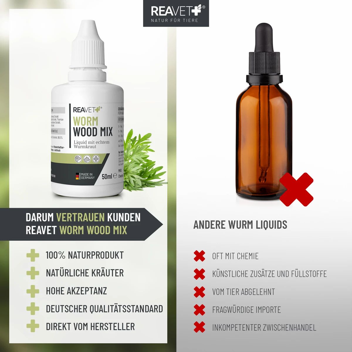 ReaVET Worm Wood Mix Flasche. Vergleich mit brauner Flasche. Vorteile: Naturprodukt, Kräuter, hohe Akzeptanz.