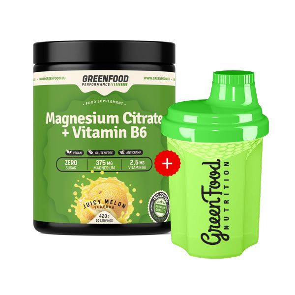 Grünes Nahrungsergänzungsmittel mit Magnesium Citrat und Vitamin B6. Enthält einen Shaker. Aufschrift: GreenFood Nutrition.
