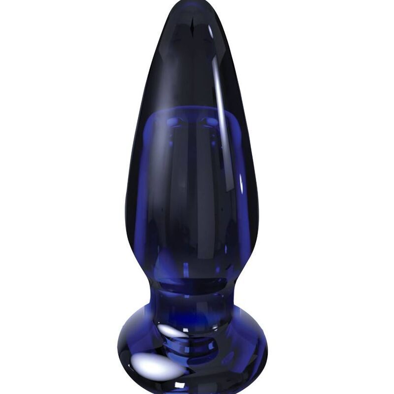 Blauer Glas-Analplug. Kegelförmig mit rundem Kopf und Basis. Glänzende Oberfläche.
