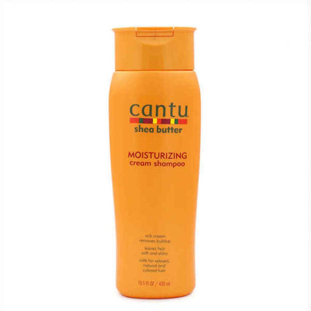 Orangefarbene Shampoo-Flasche mit Cantu-Logo und Text. Enthält Shea Butter. Produktname: Moisturizing Cream Shampoo.