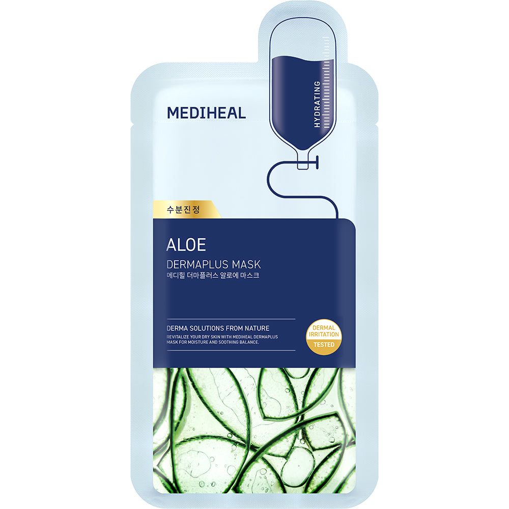 Verpackung der MEDIHEAL Dermaplus Aloe Maske mit Aloe-Vera-Motiv.